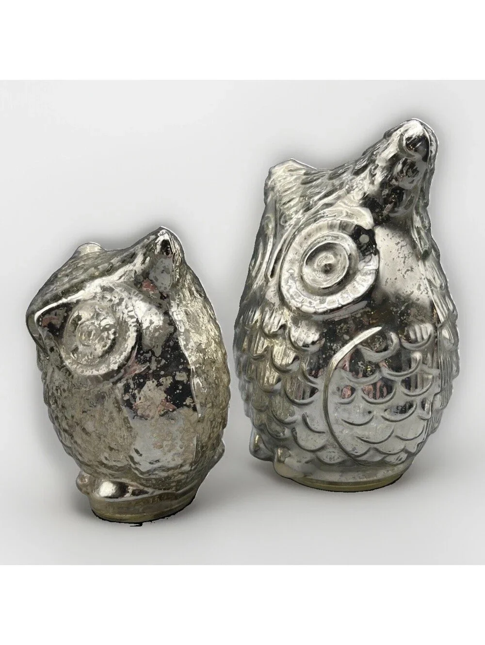 West Elm Mercury Glass Owl Pair Silver Vintage Style Woodland Home Decor Set